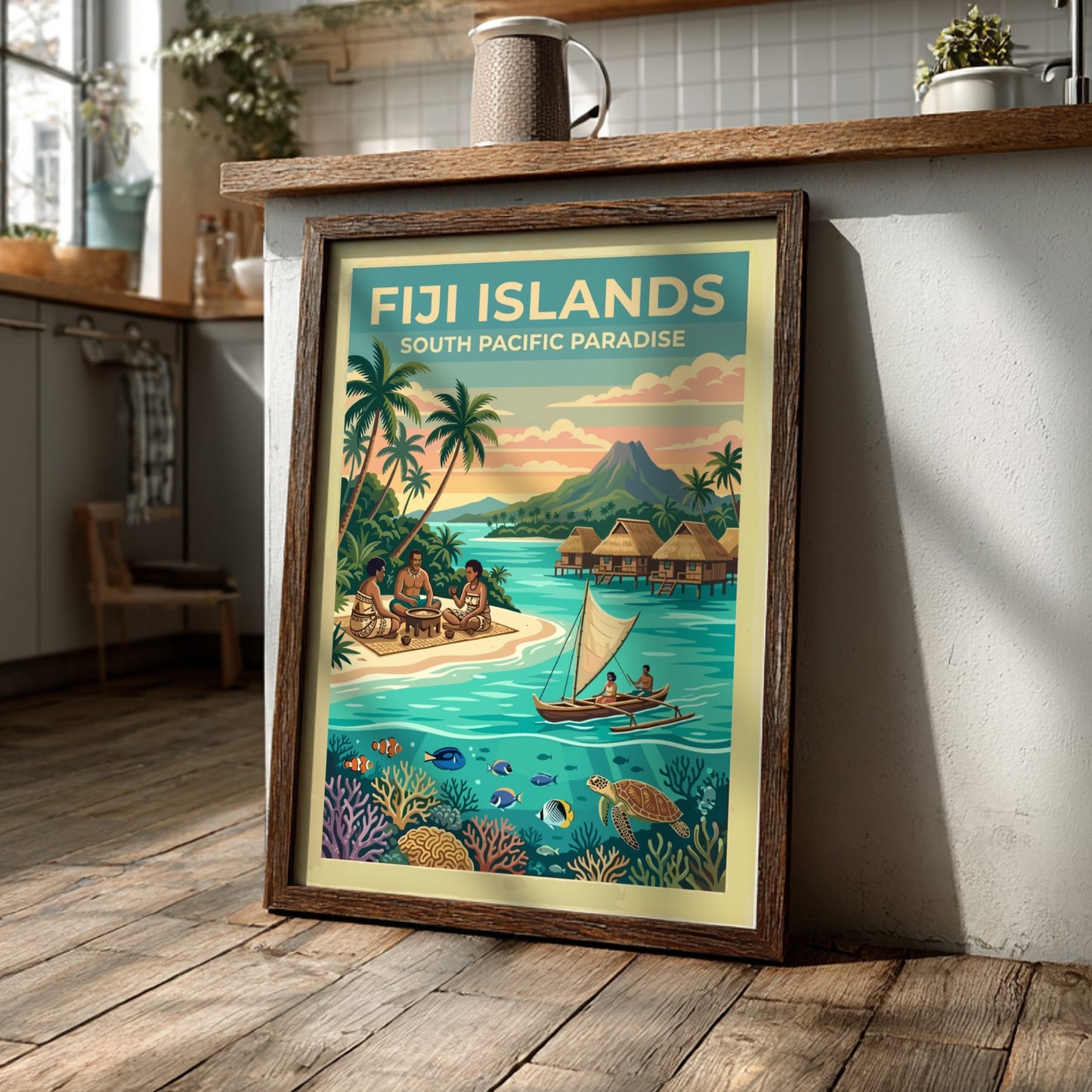 Fiji Islands travel poster featuring tropical beaches, traditional huts, and colourful coral reef life.