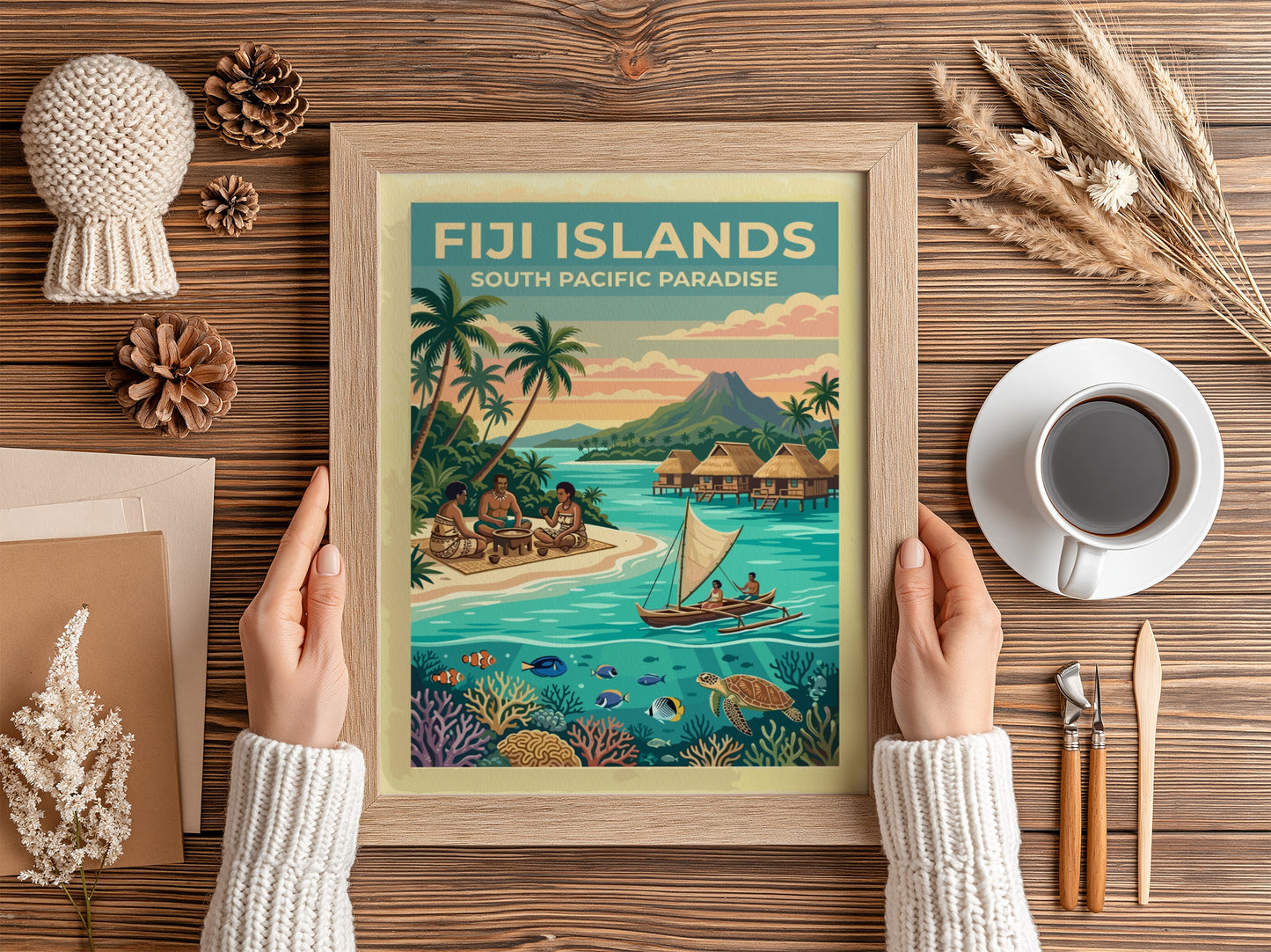 Fiji Islands travel poster featuring tropical beaches, traditional huts, and colourful coral reef life.