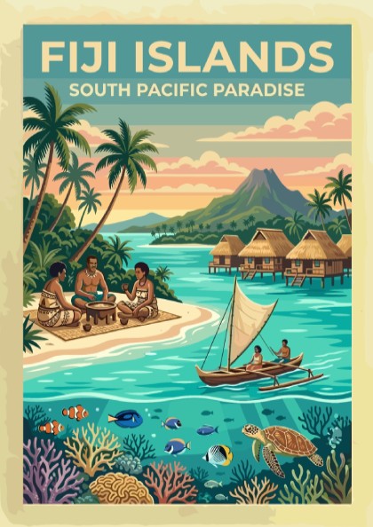 Fiji Islands travel poster featuring tropical beaches, traditional huts, and colourful coral reef life.