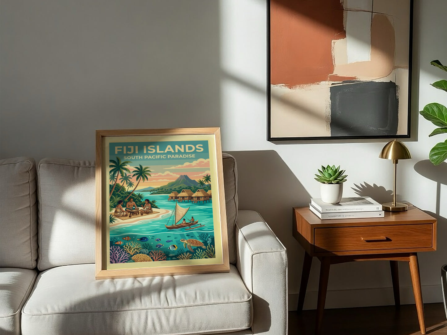 Fiji Islands travel poster featuring tropical beaches, traditional huts, and colourful coral reef life.