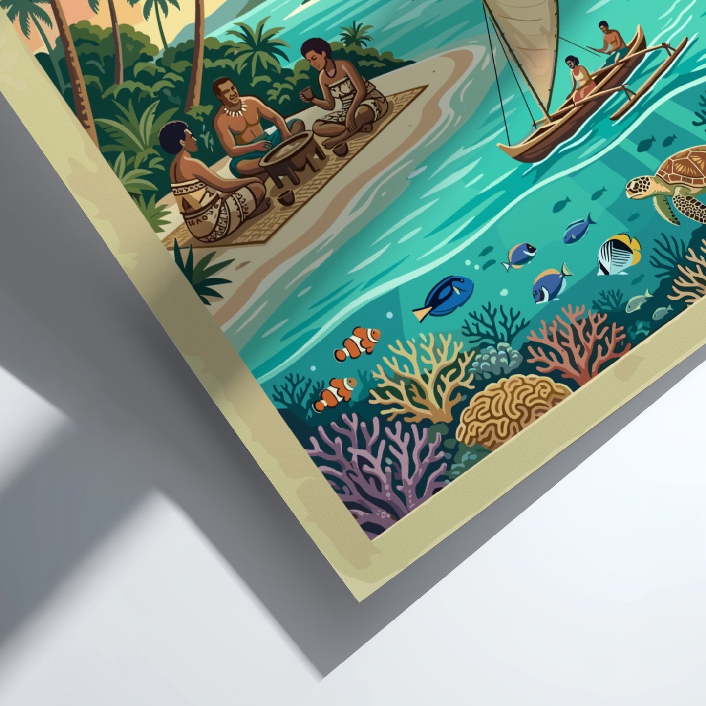 Fiji Islands travel poster featuring tropical beaches, traditional huts, and colourful coral reef life.