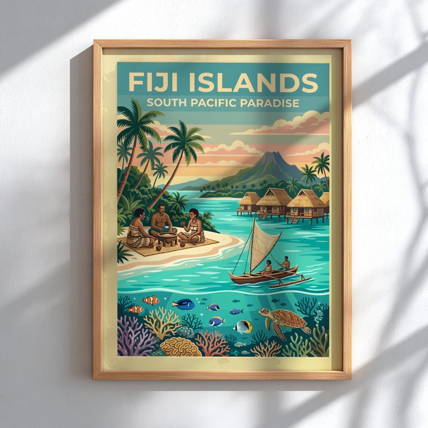 Fiji Islands travel poster featuring tropical beaches, traditional huts, and colourful coral reef life.