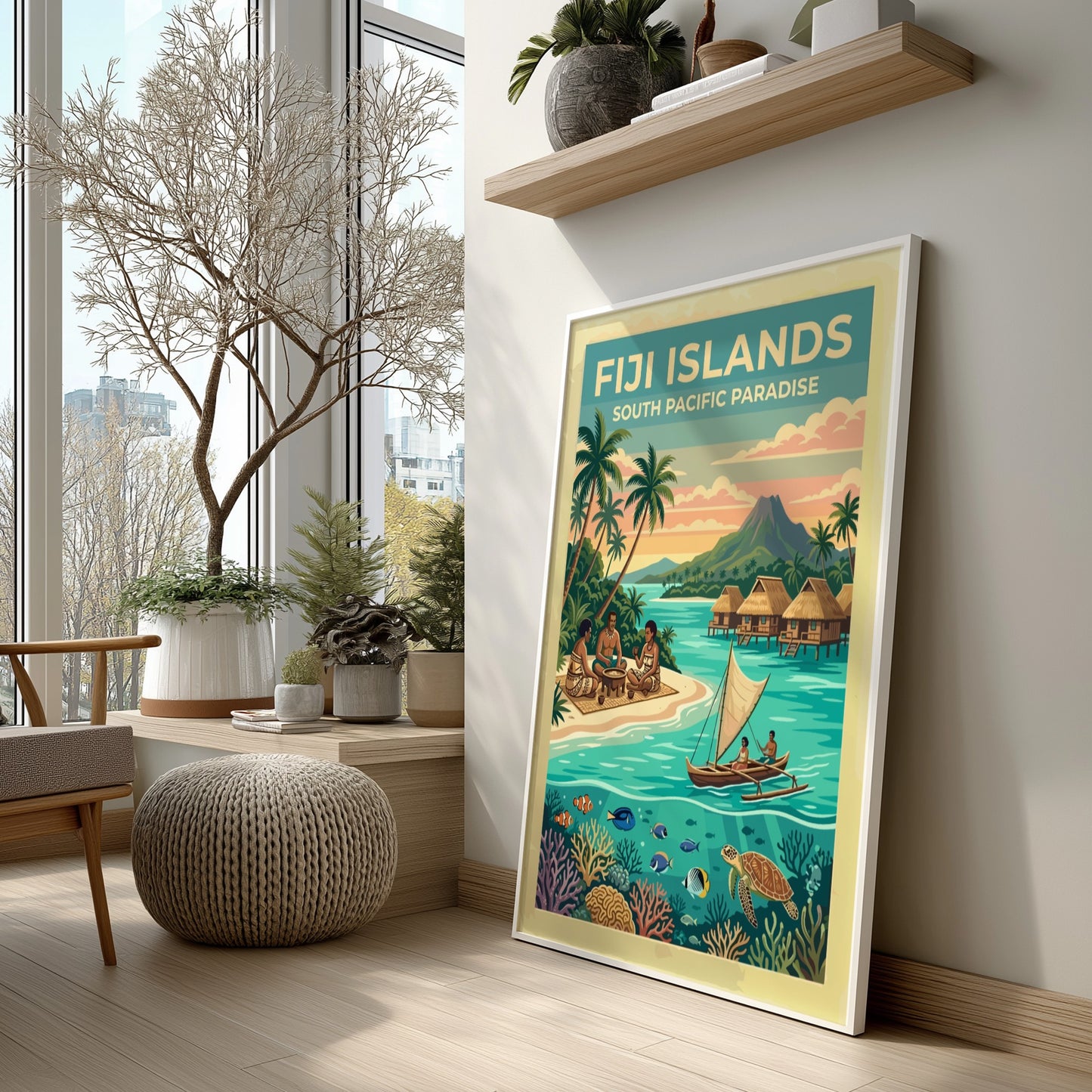 Fiji Islands travel poster featuring tropical beaches, traditional huts, and colourful coral reef life.