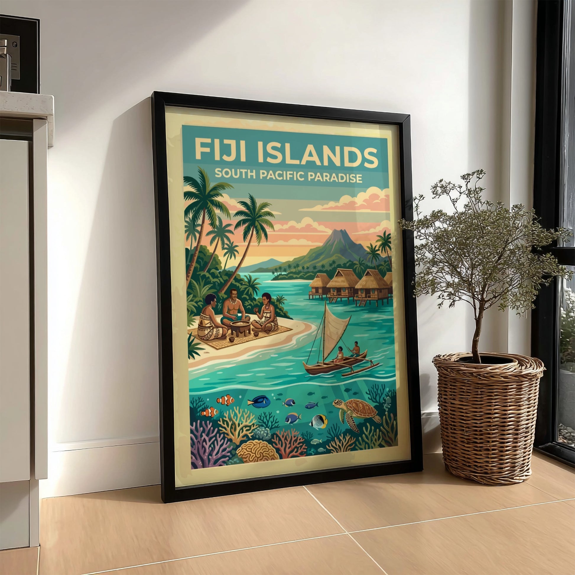 Fiji Islands travel poster featuring tropical beaches, traditional huts, and colourful coral reef life.