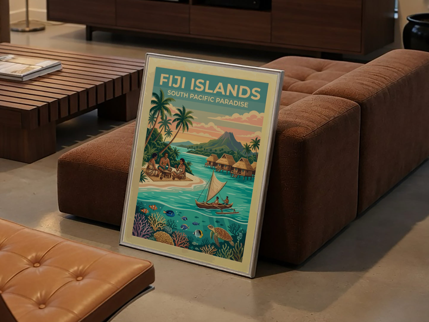 Fiji Islands travel poster featuring tropical beaches, traditional huts, and colourful coral reef life.