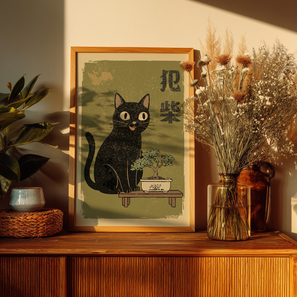 Bonsai Cat Poster – Japanese Ukiyo-e Zen Living Room Art Print