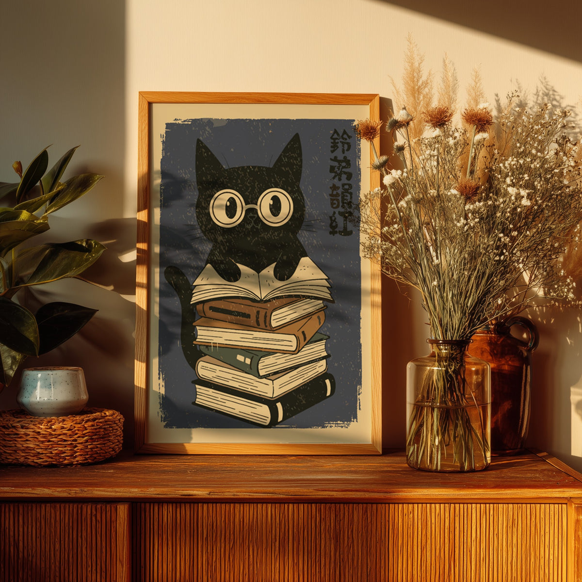 A stylized illustration of a black cat wearing round glasses and sitting on top of a tall stack of books, with vertical black characters on the right, set against a warm dark blue background with distressed texture.