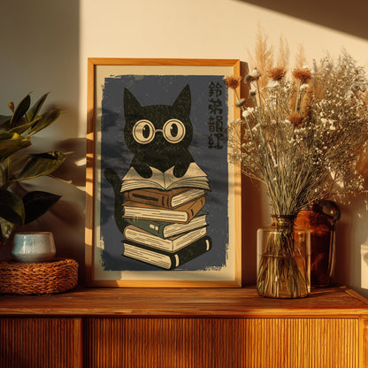 A stylized illustration of a black cat wearing round glasses and sitting on top of a tall stack of books, with vertical black characters on the right, set against a warm dark blue background with distressed texture.