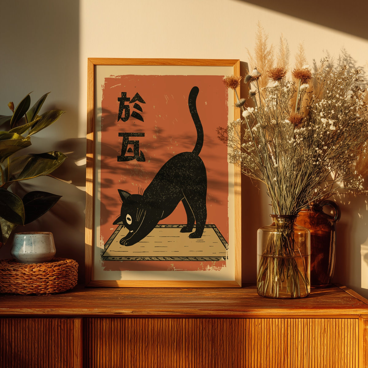 Yoga Cat Poster – Downward Dog Black Cat Ukiyo-e Zen Art Print