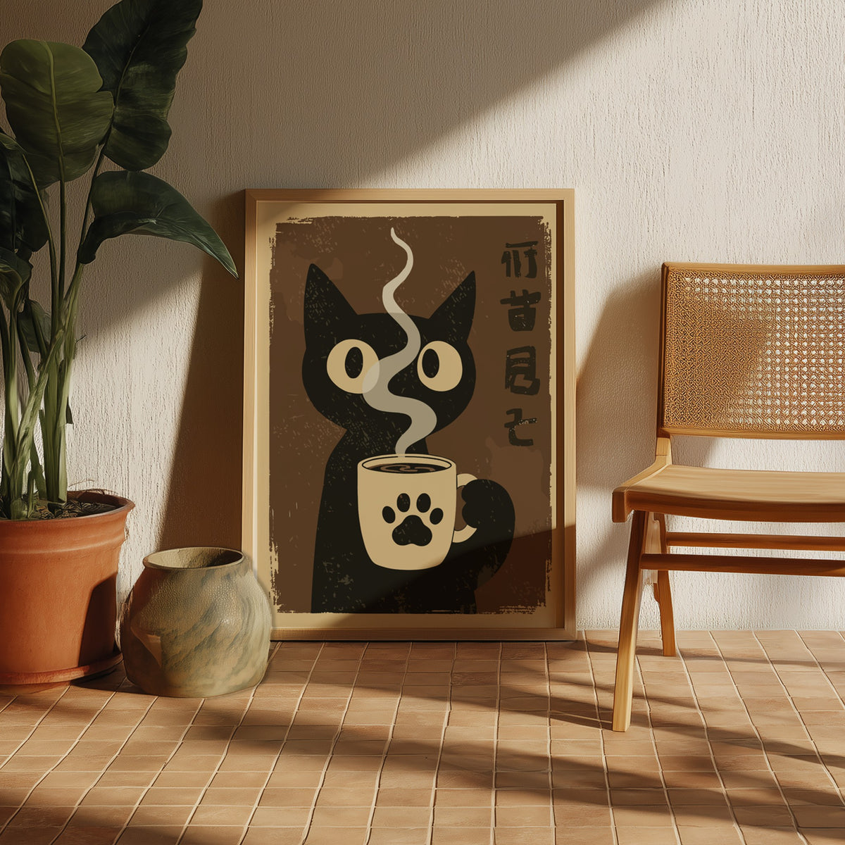 A retro-style illustrated poster featuring a black cat holding a cream-colored coffee mug with a paw print, set against a warm brown background with Japanese characters on the right.