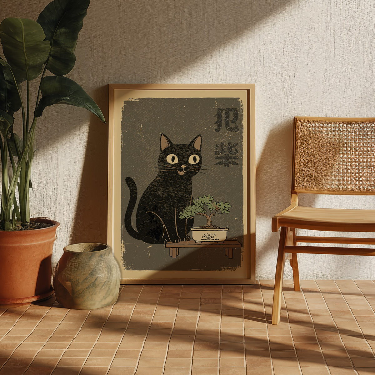 Bonsai Cat Poster – Japanese Ukiyo-e Zen Living Room Art Print