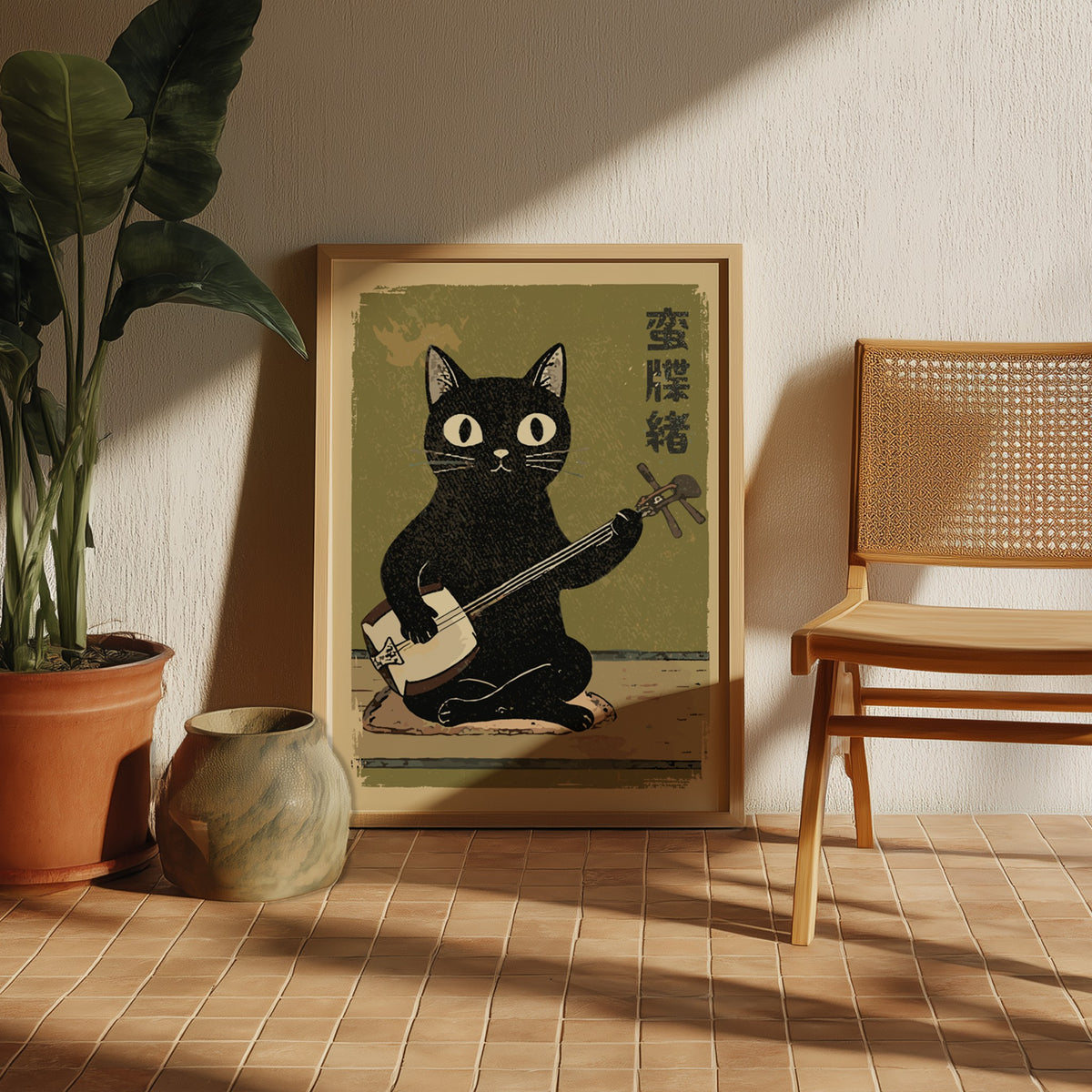 Black Cat Playing Shamisen Poster – Ukiyo-e Japanese Art Print