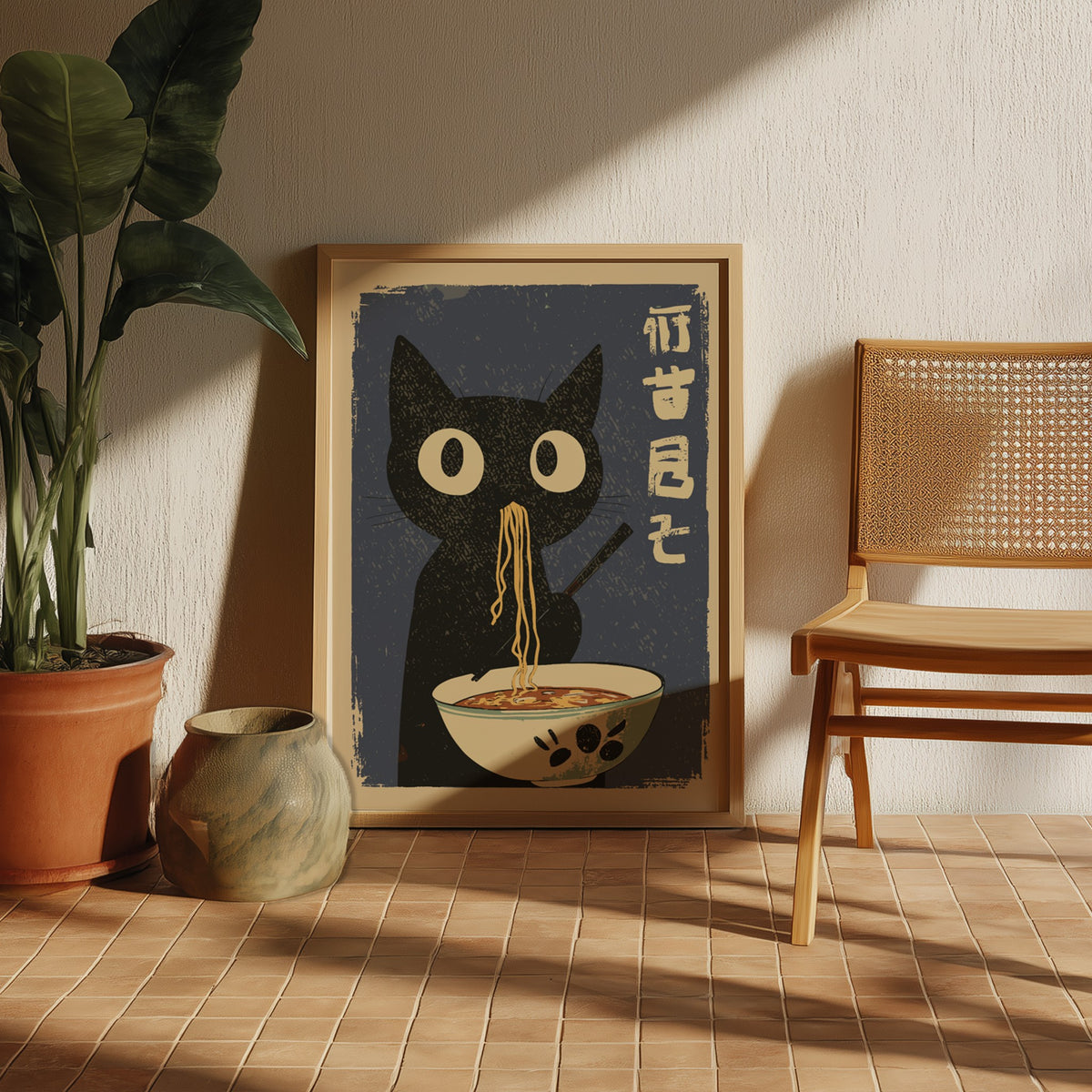 A stylized poster-style illustration of a black cat holding chopsticks and eating noodles from a bowl, set against a warm dark blue background with black Japanese characters on the right.