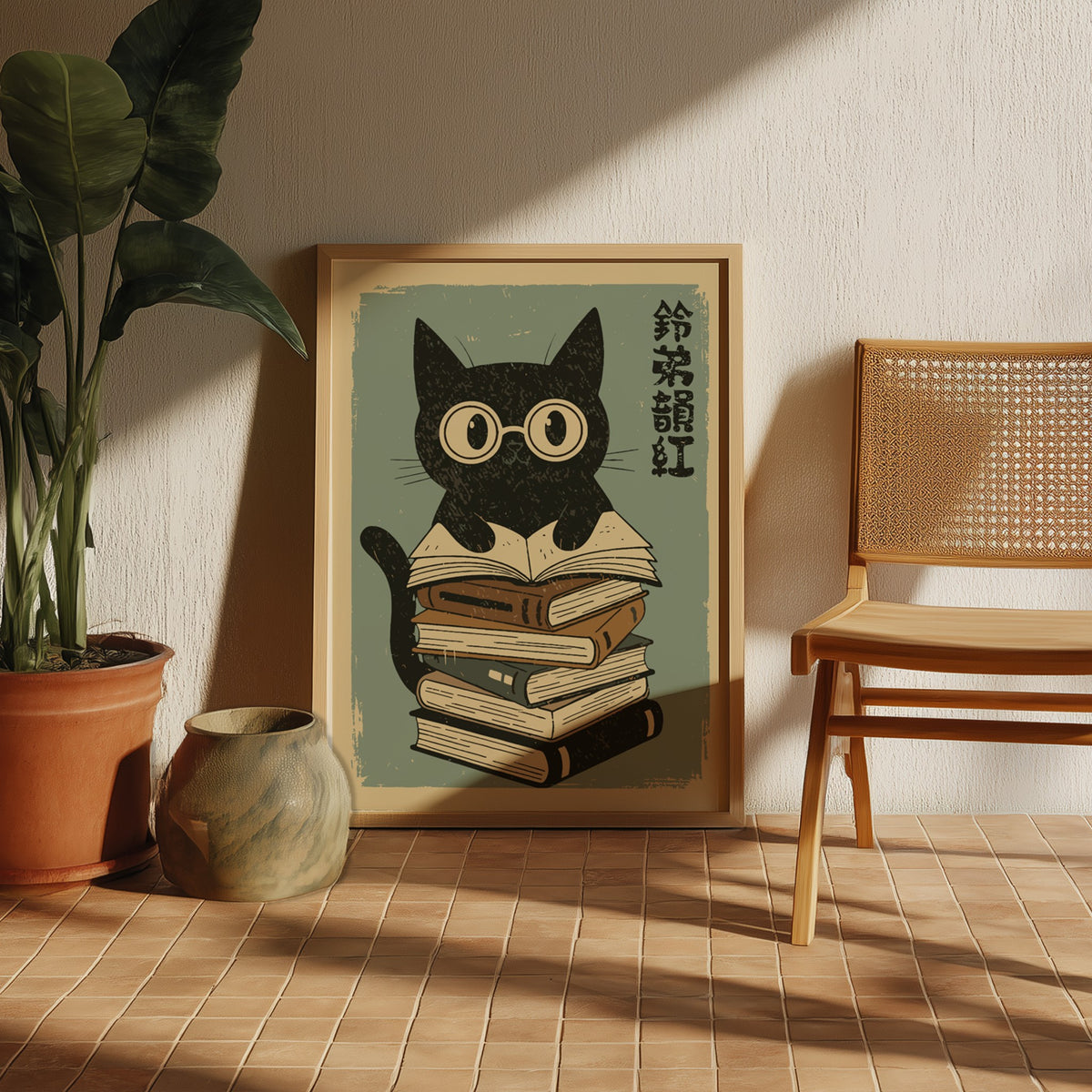 A stylized illustration of a black cat wearing round glasses and sitting on top of a tall stack of books, with vertical black characters on the right, set against a warm light blue background with distressed texture.