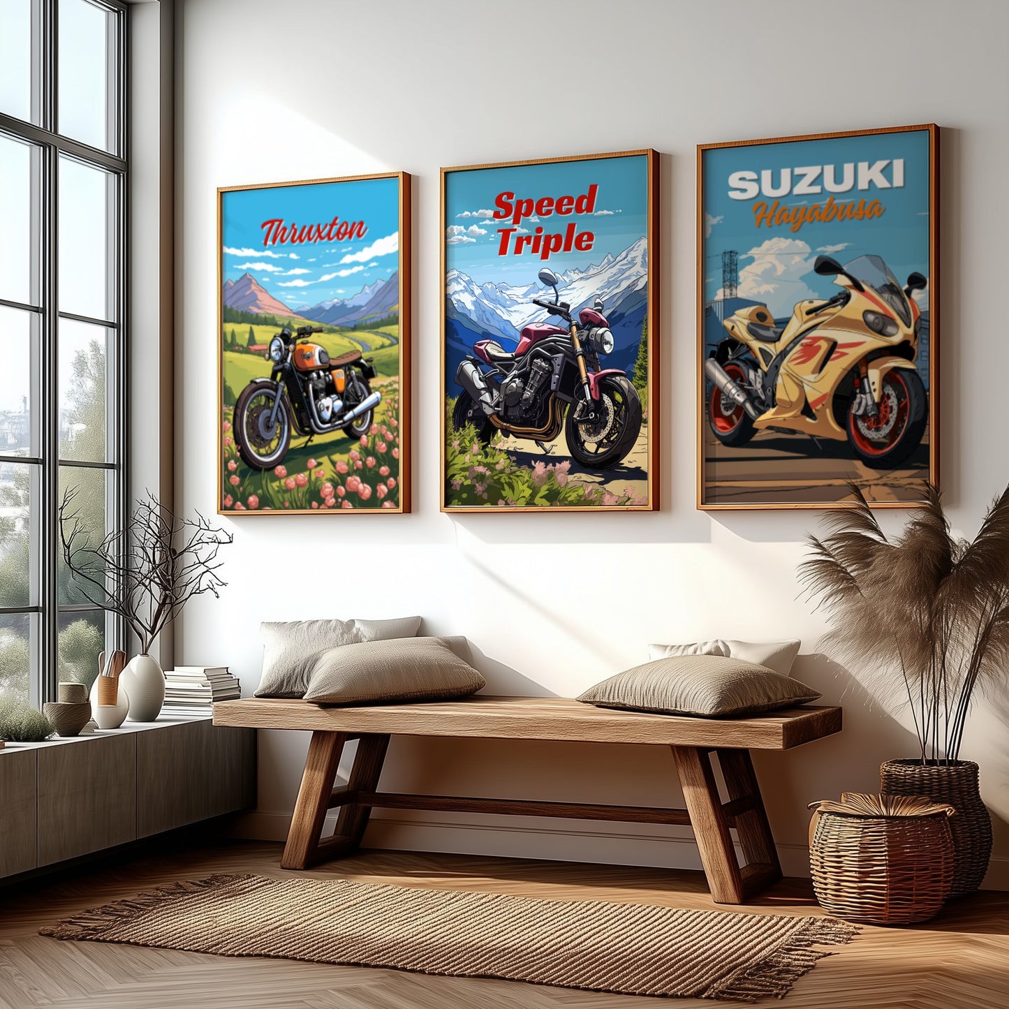 Three framed motorcycle posters on a wall in a living room.