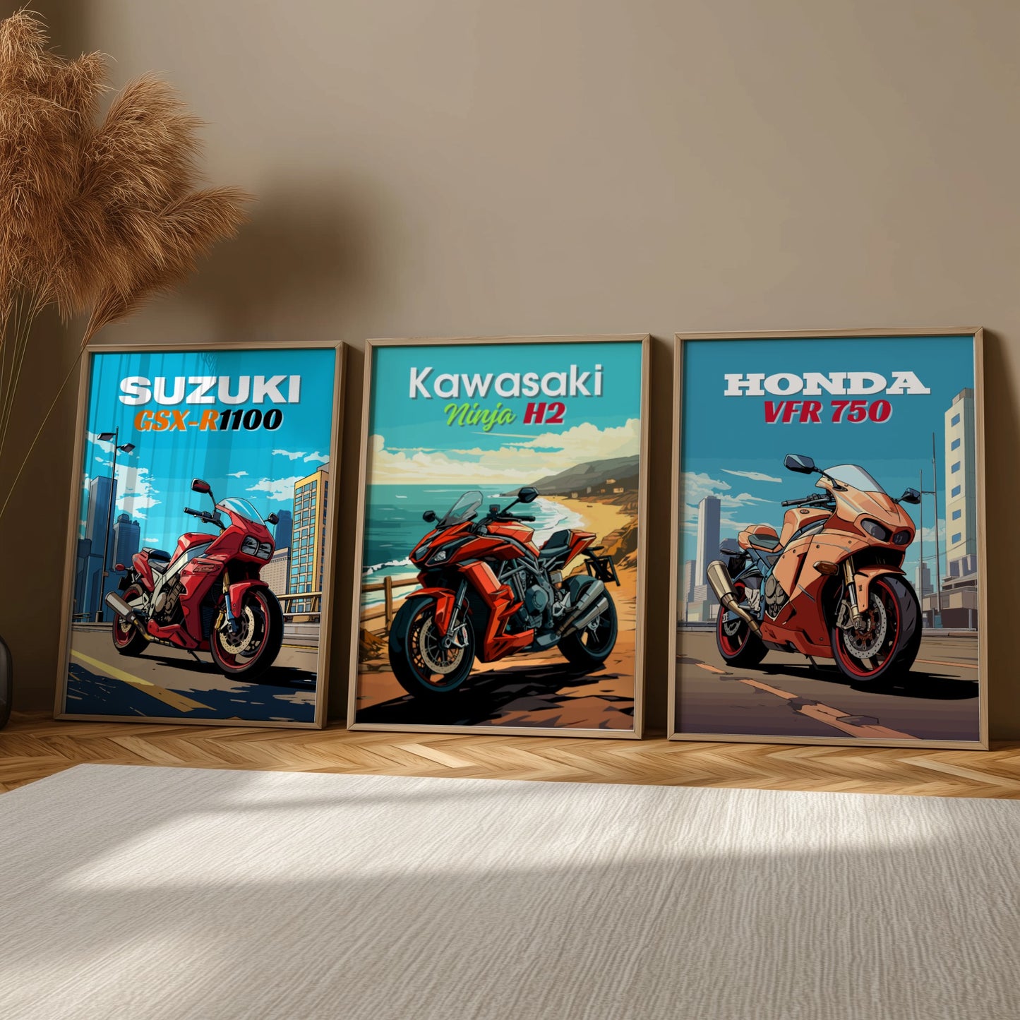 Three framed posters of motorcycles by Suzuki, Kawasaki, and Honda on a wall.