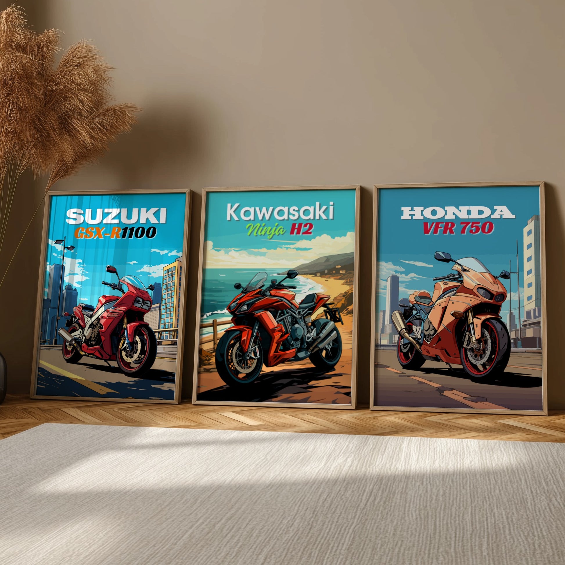 Three framed posters of motorcycles by Suzuki, Kawasaki, and Honda on a wall.