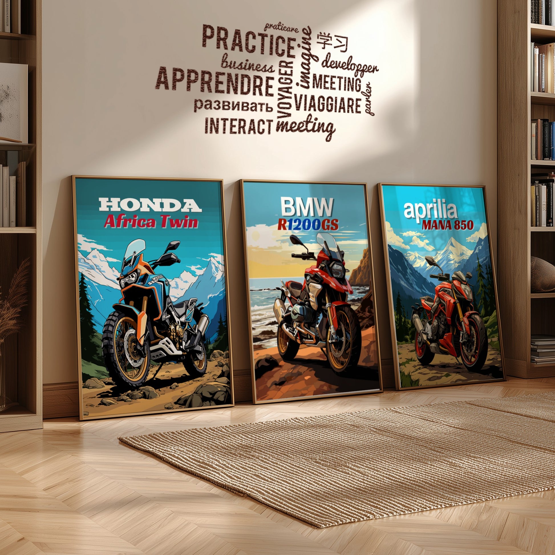 Three motorcycle posters on a wall with decorative text above them.