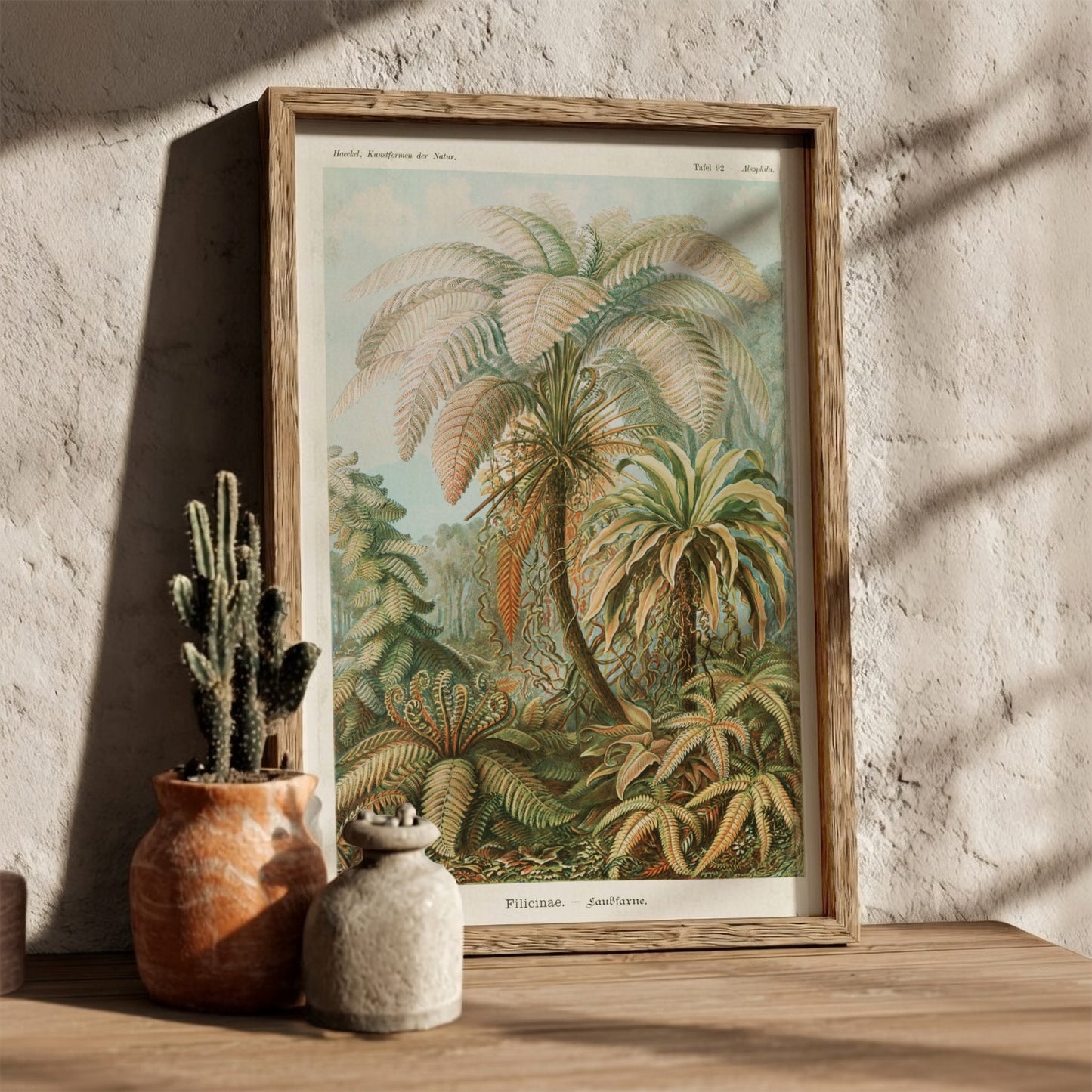 Famous art poster featuring a vintage botanical illustration of various ferns and palm-like plants in earthy