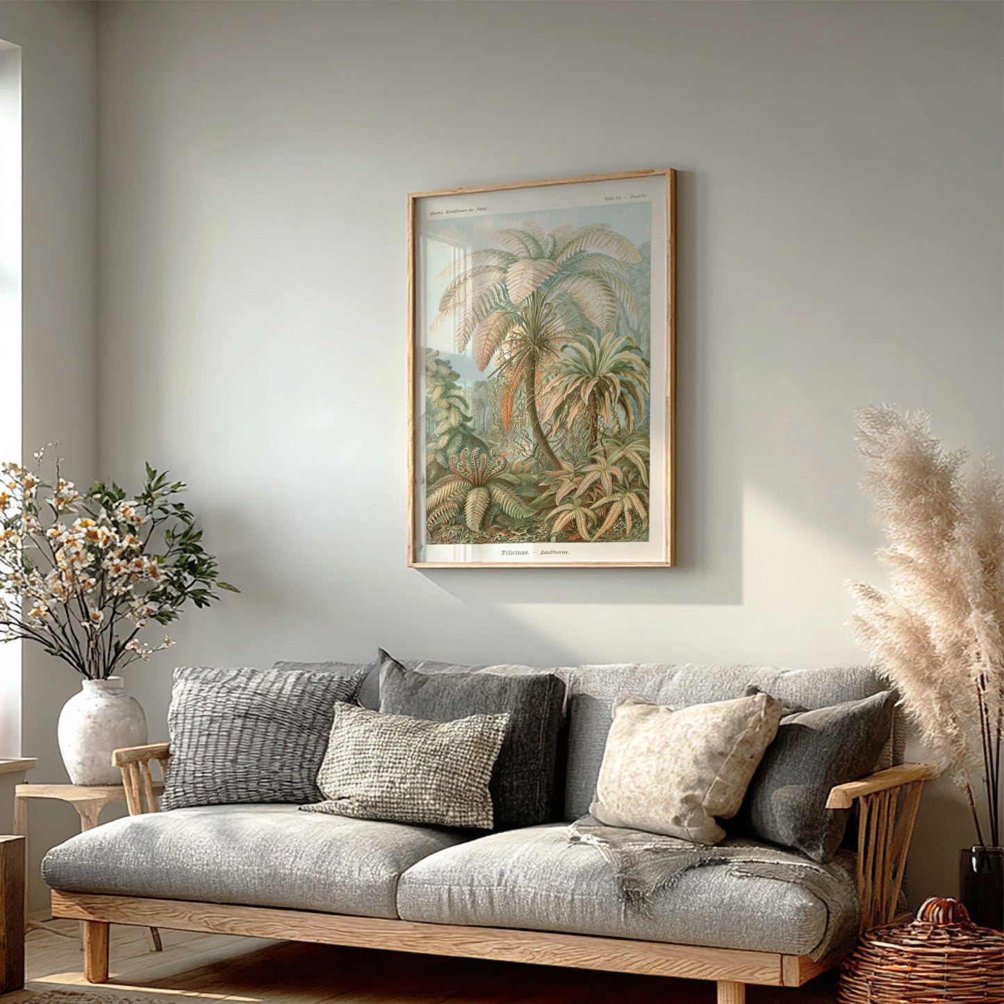Famous art poster featuring a vintage botanical illustration of various ferns and palm-like plants in earthy