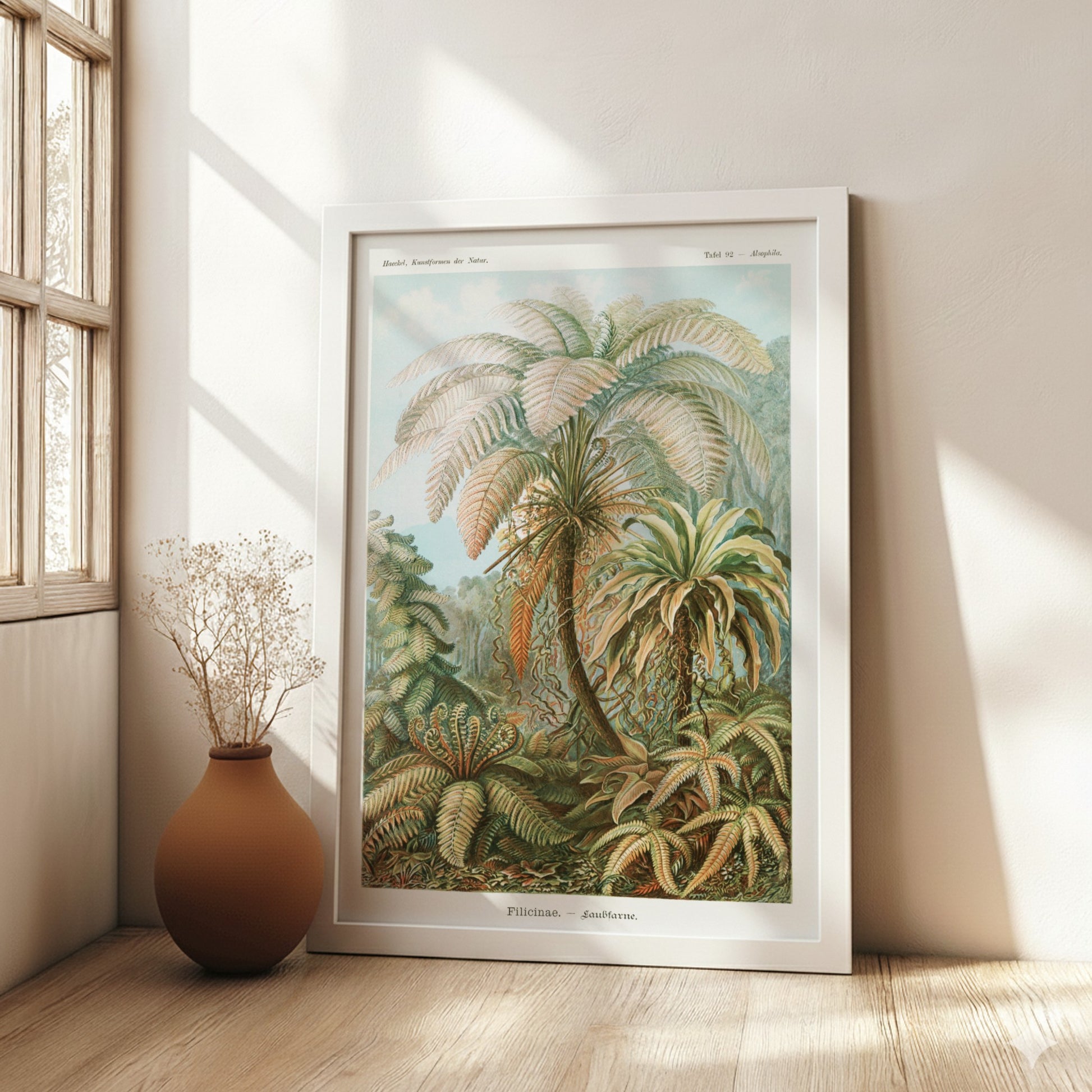 Famous art poster featuring a vintage botanical illustration of various ferns and palm-like plants in earthy