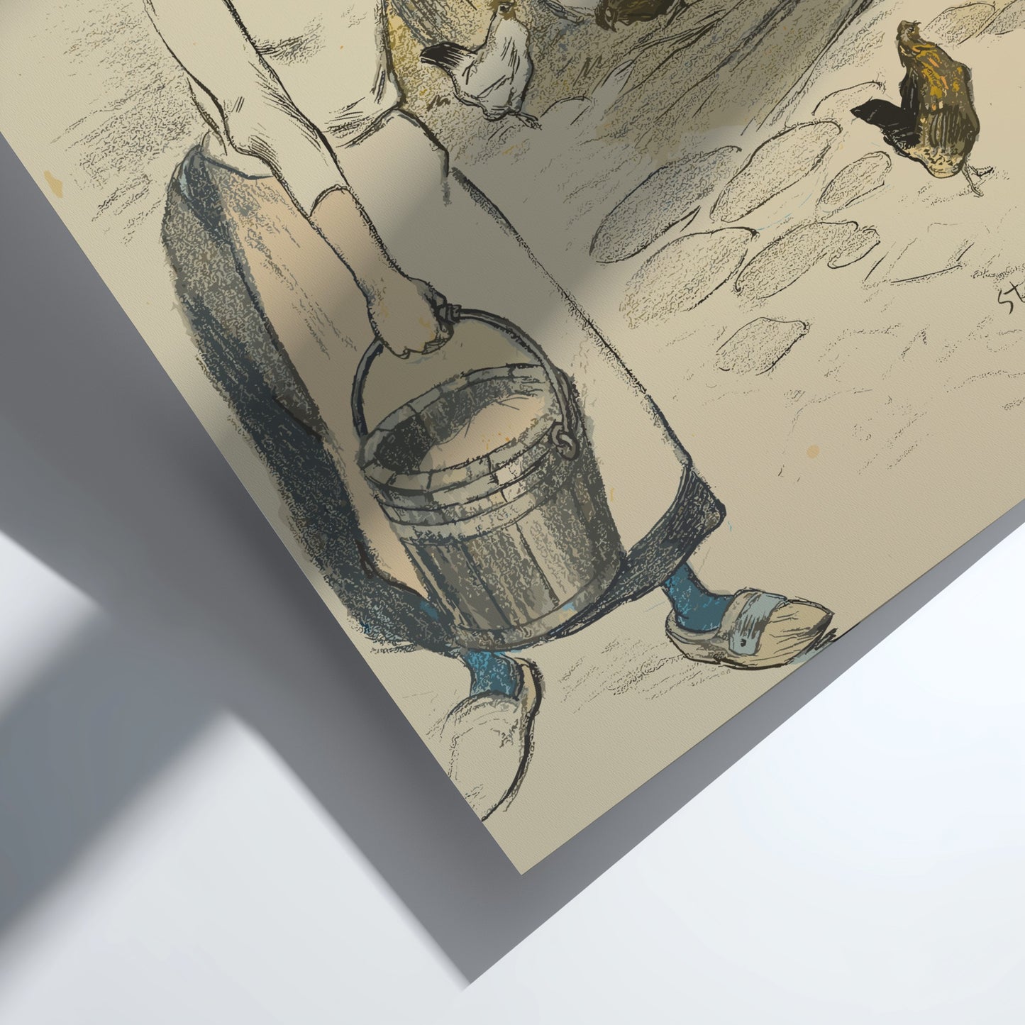 Fille de Ferme (Farm Girl) Art Nouveau poster featuring a young girl with a bucket and chickens.