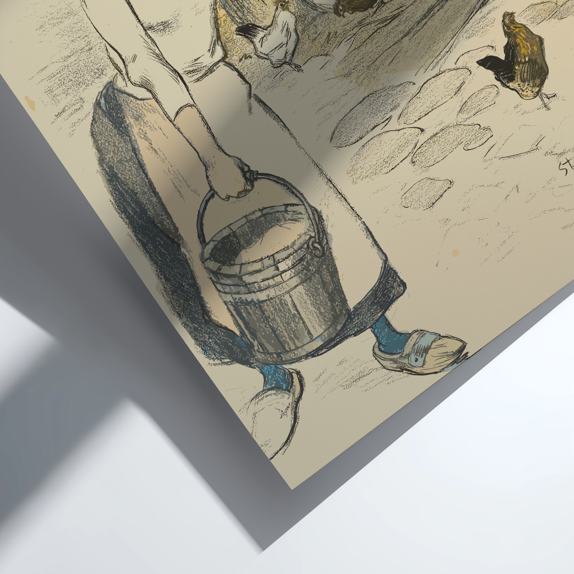 Fille de Ferme (Farm Girl) Art Nouveau poster featuring a young girl with a bucket and chickens.