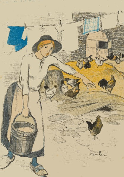 Fille de Ferme (Farm Girl) Art Nouveau poster featuring a young girl with a bucket and chickens.