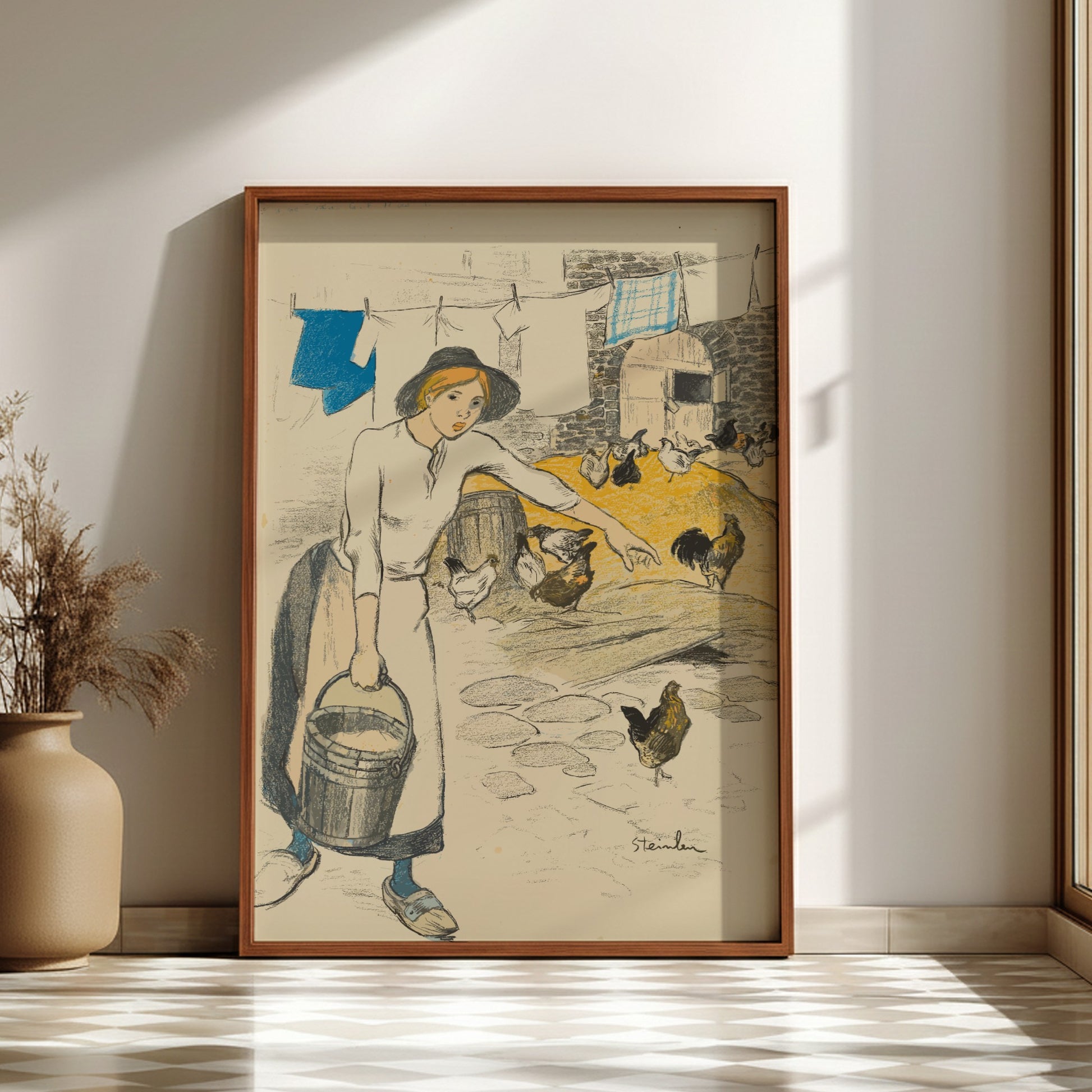 Fille de Ferme (Farm Girl) Art Nouveau poster featuring a young girl with a bucket and chickens.