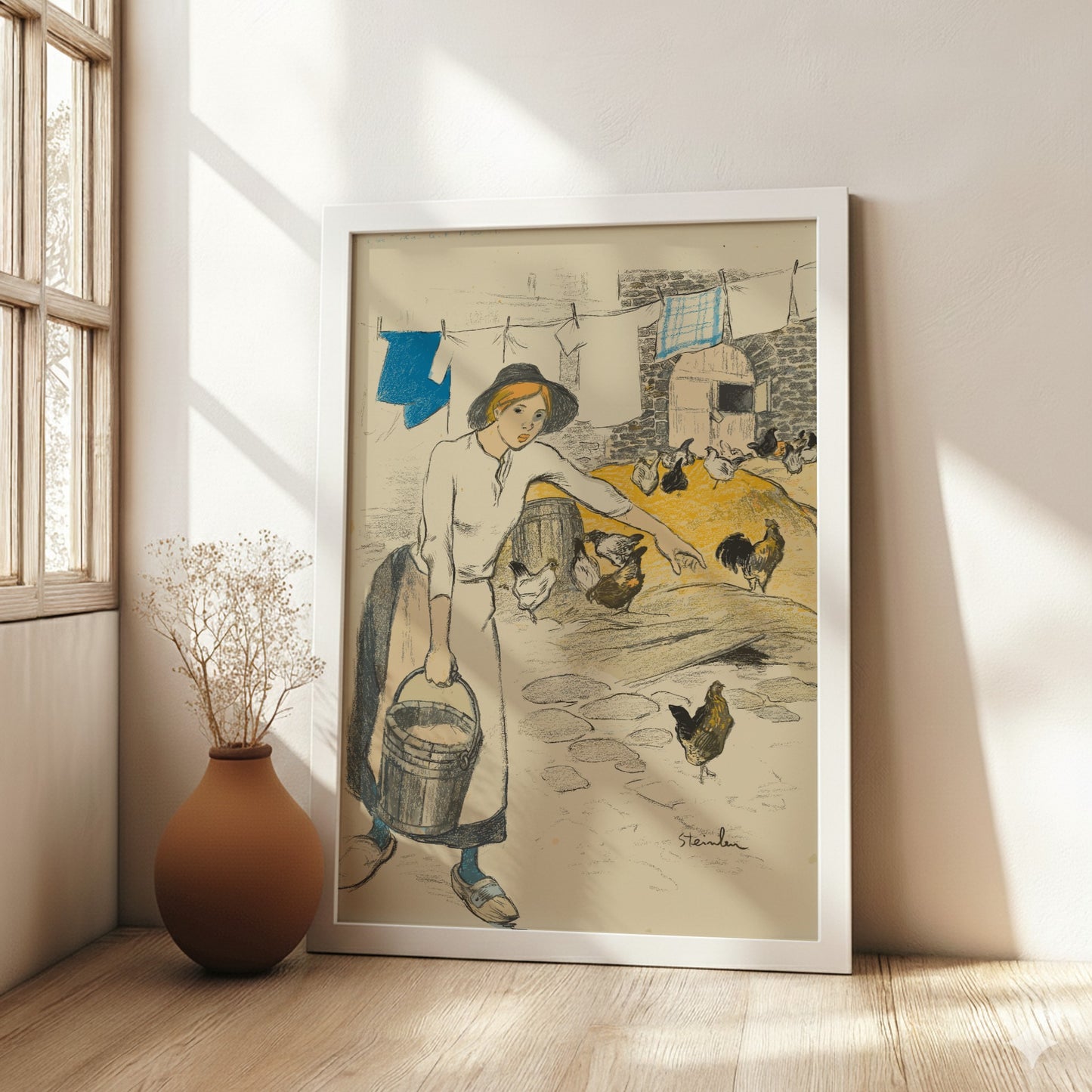 Fille de Ferme (Farm Girl) Art Nouveau poster featuring a young girl with a bucket and chickens.