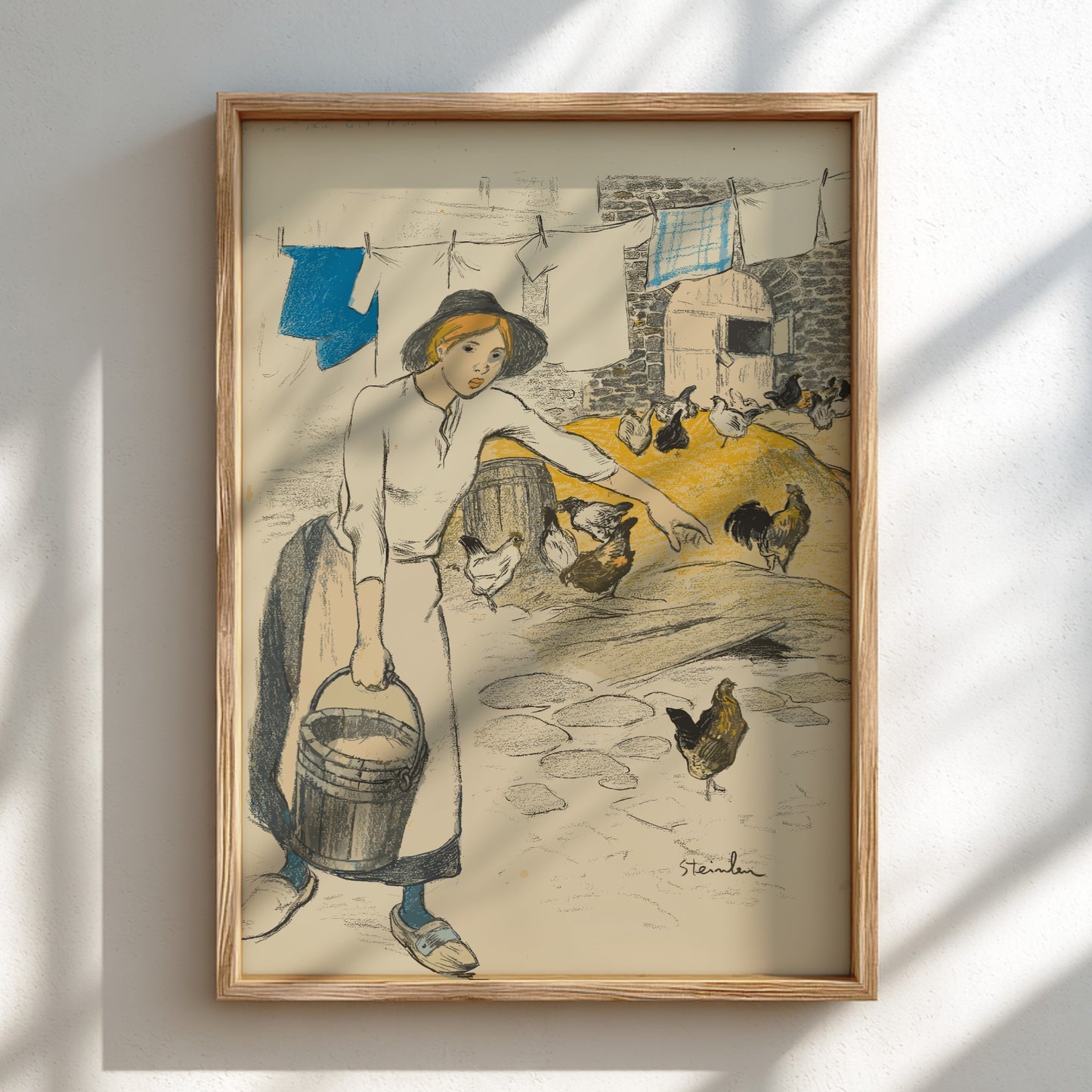 Fille de Ferme (Farm Girl) Art Nouveau poster featuring a young girl with a bucket and chickens.
