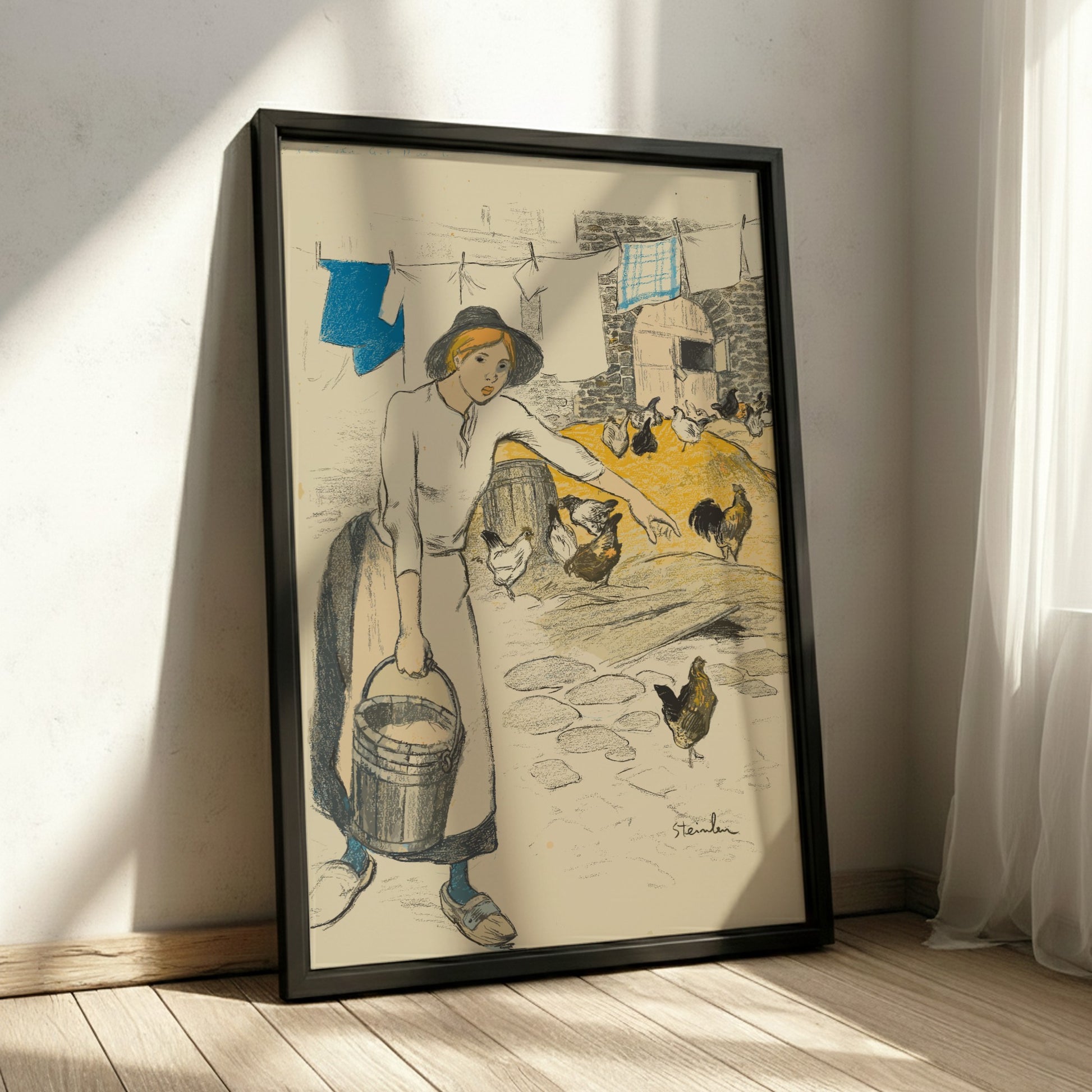 Fille de Ferme (Farm Girl) Art Nouveau poster featuring a young girl with a bucket and chickens.
