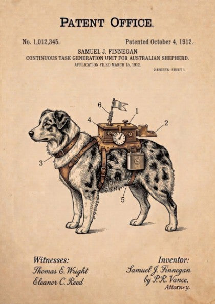 Funny patent poster showing an Australian Shepherd wearing a complex task generation unit device.