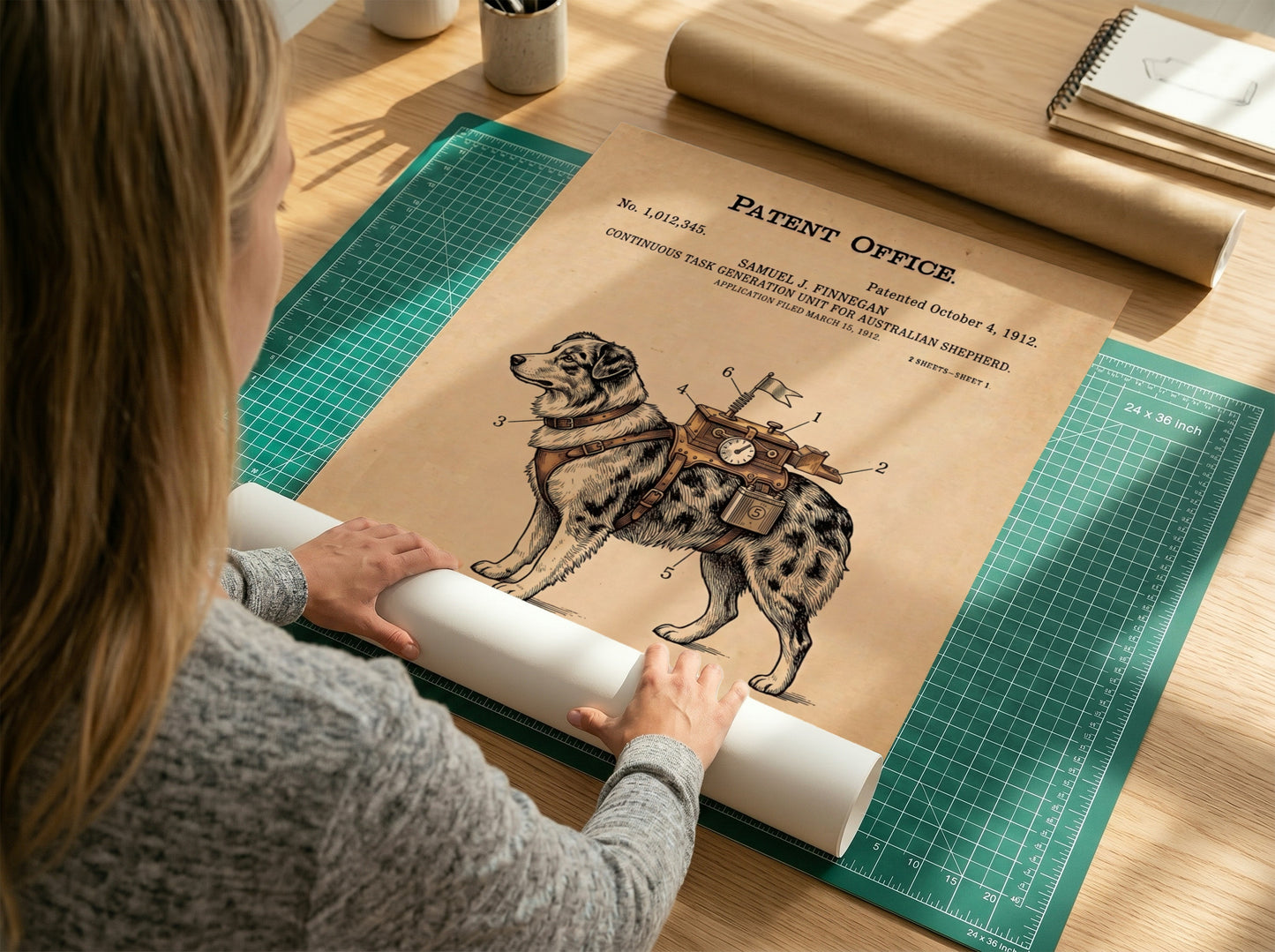 Funny patent poster showing an Australian Shepherd wearing a complex task generation unit device.