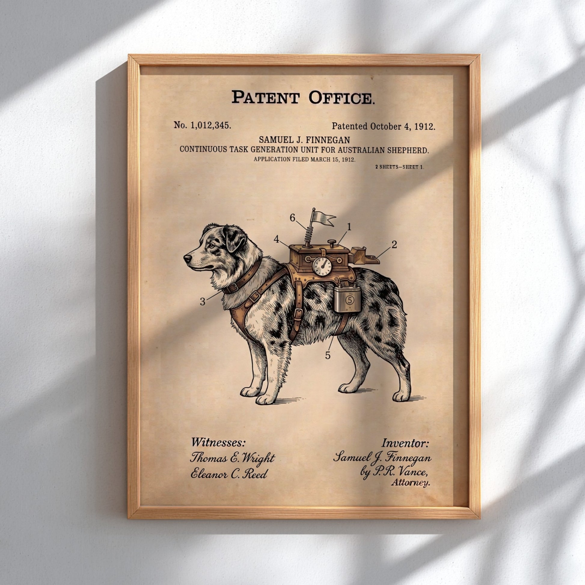 Funny patent poster showing an Australian Shepherd wearing a complex task generation unit device.