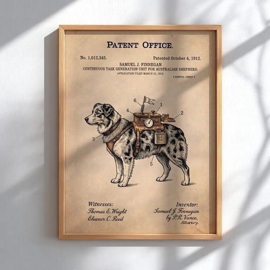 Funny patent poster showing an Australian Shepherd wearing a complex task generation unit device.
