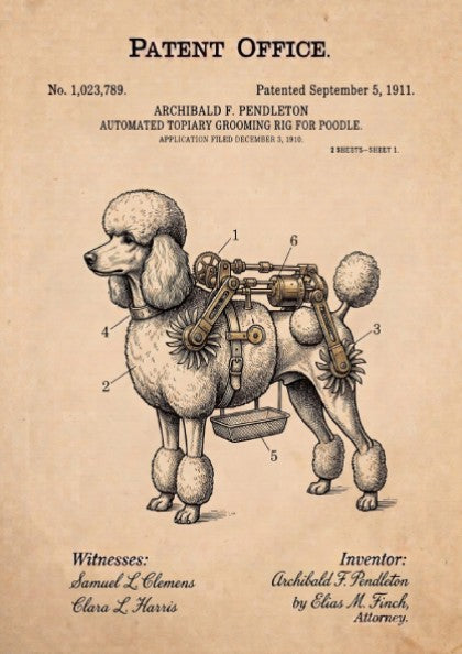 Funny patent poster of an automated topiary grooming rig for a fancy poodle dog.