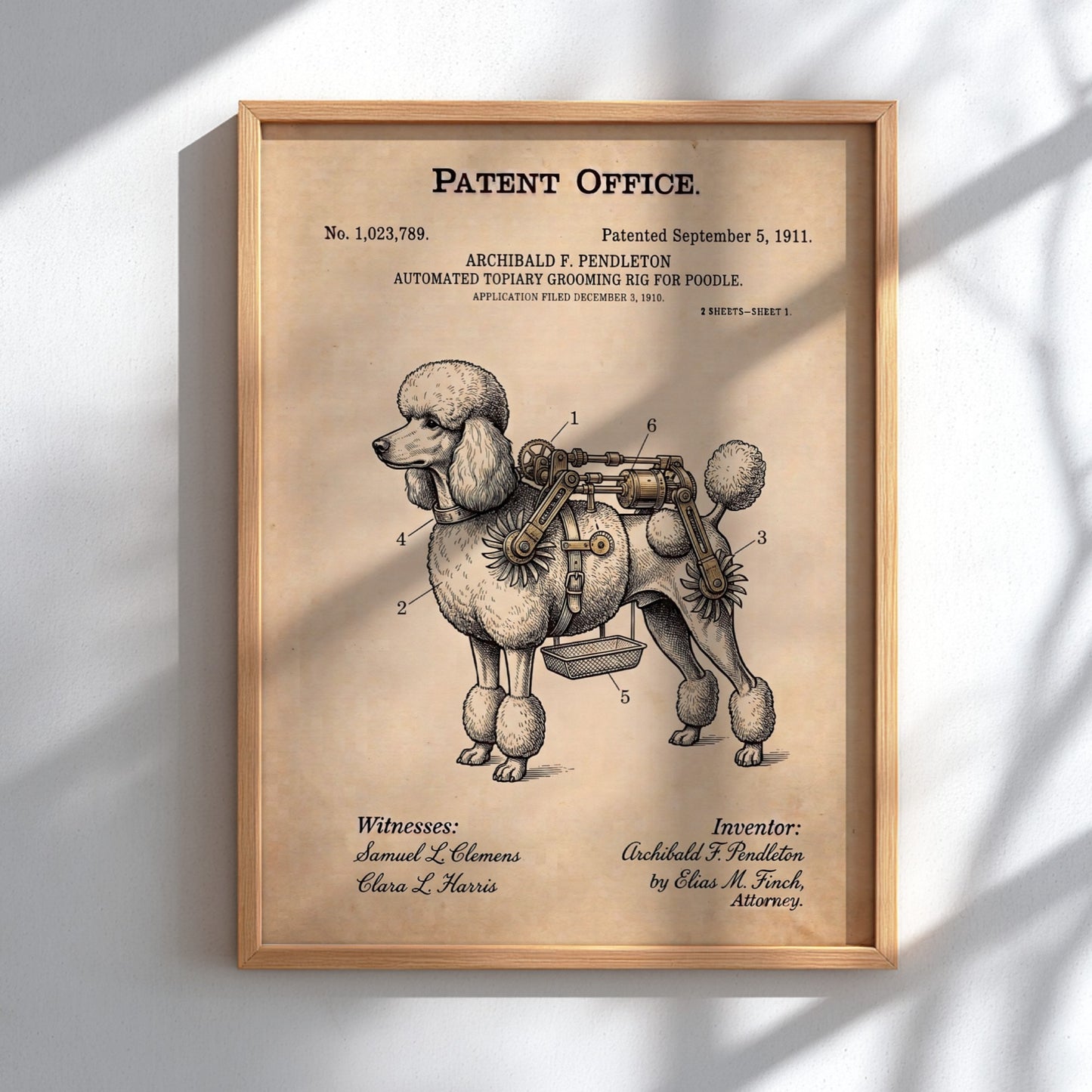 Funny patent poster of an automated topiary grooming rig for a fancy poodle dog.