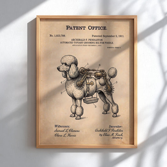 Funny patent poster of an automated topiary grooming rig for a fancy poodle dog.