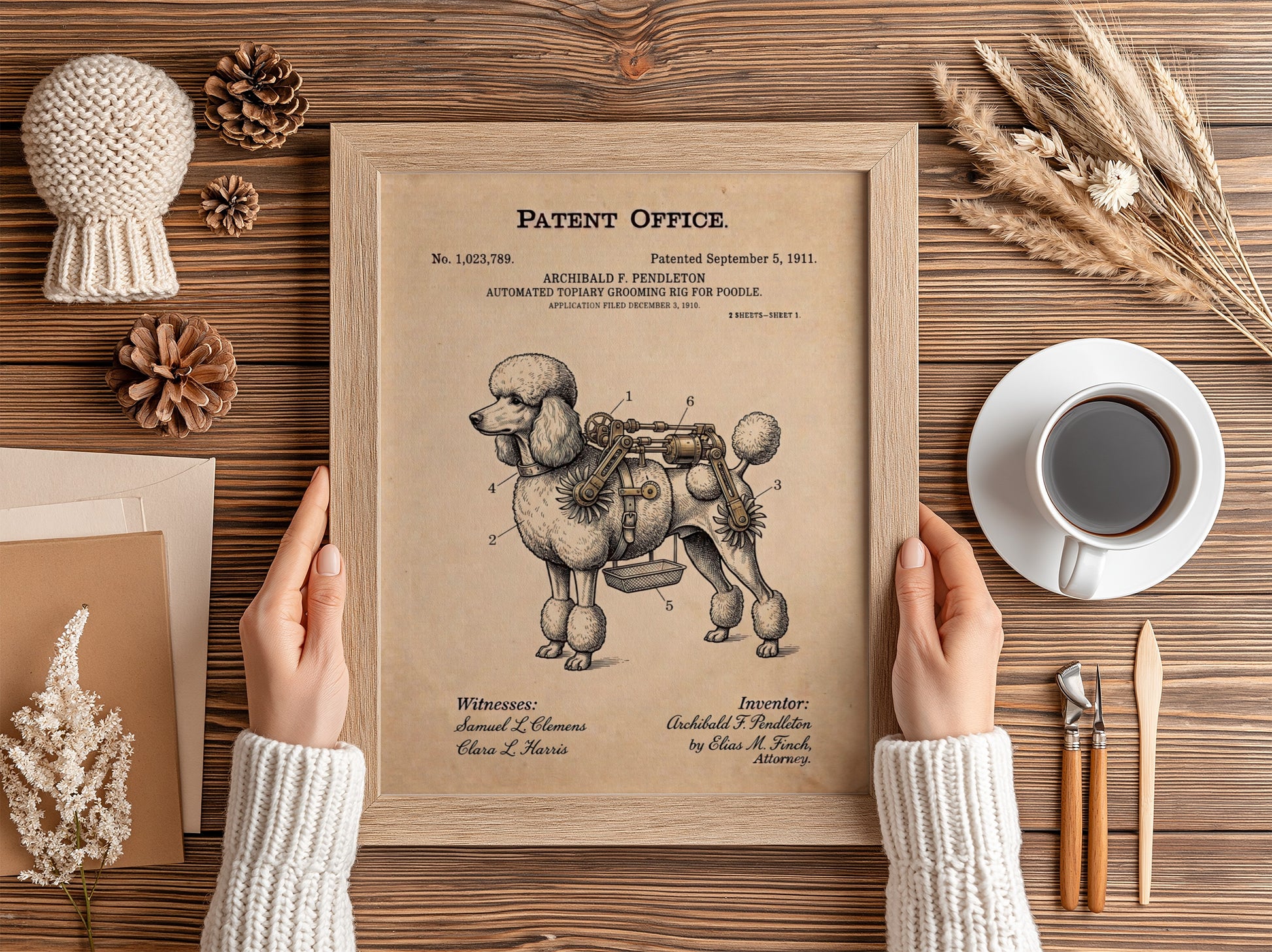 Funny patent poster of an automated topiary grooming rig for a fancy poodle dog.