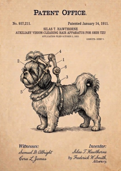 Funny animal patent poster featuring a Shih Tzu wearing a vintage hair apparatus.