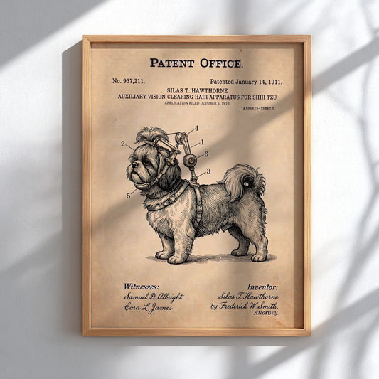 Funny animal patent poster featuring a Shih Tzu wearing a vintage hair apparatus.