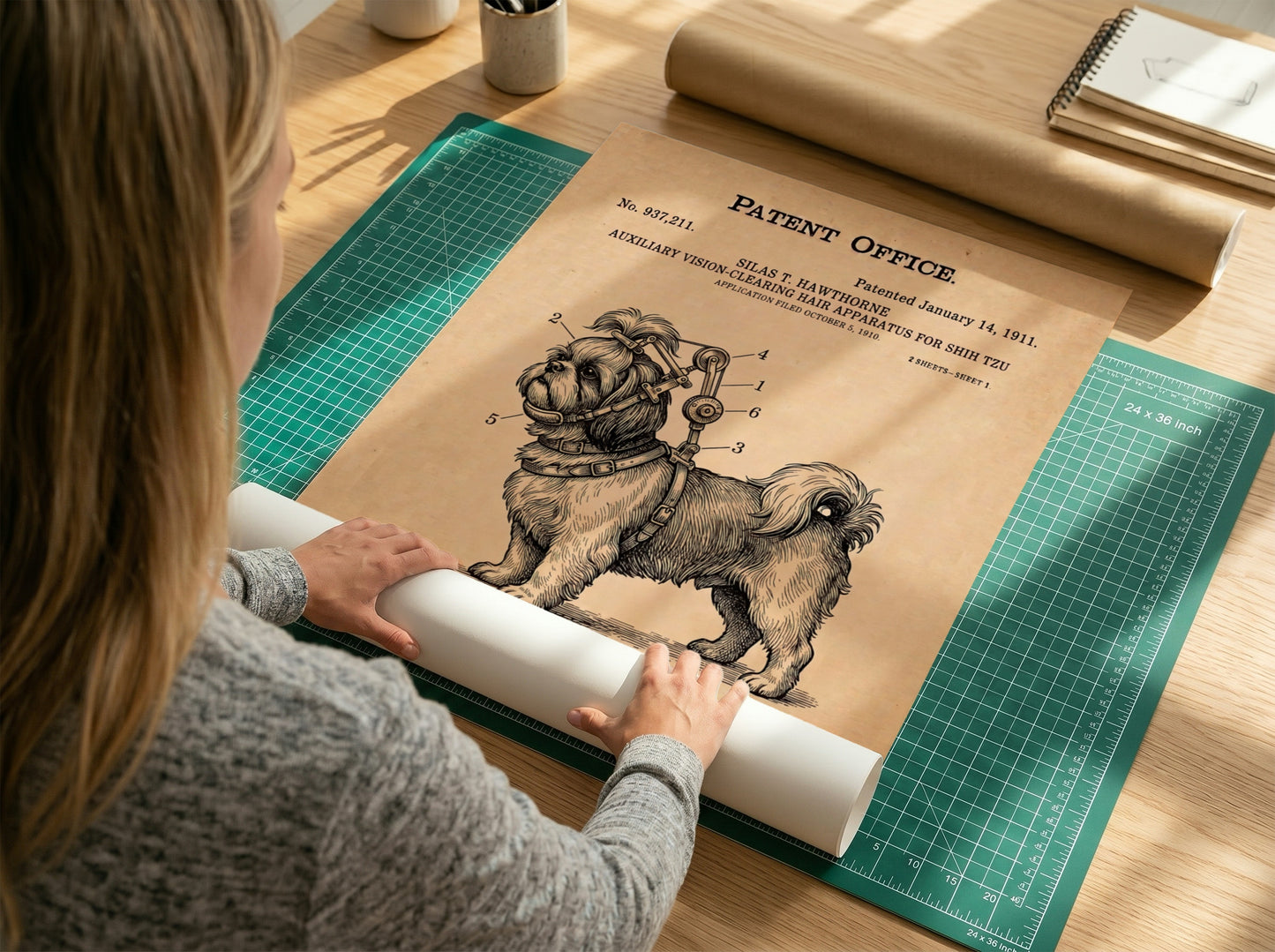 Funny animal patent poster featuring a Shih Tzu wearing a vintage hair apparatus.
