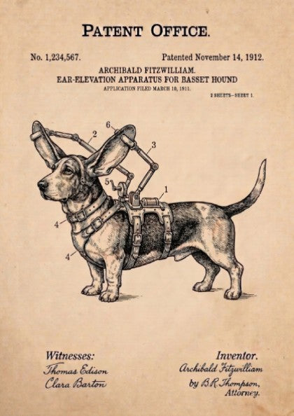 Funny animal patent poster featuring a technical drawing of a Basset Hound harness