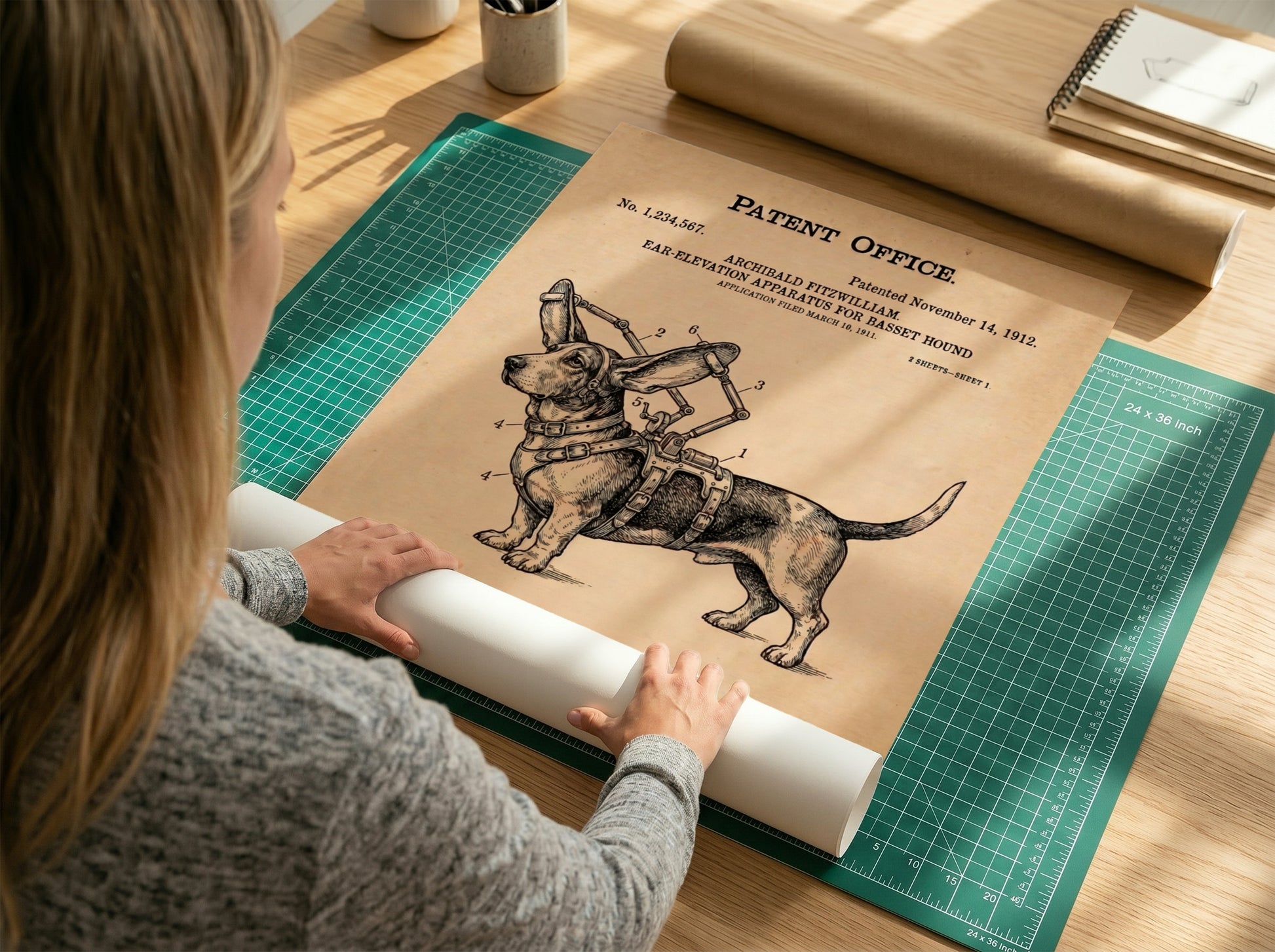 Funny animal patent poster featuring a technical drawing of a Basset Hound harness