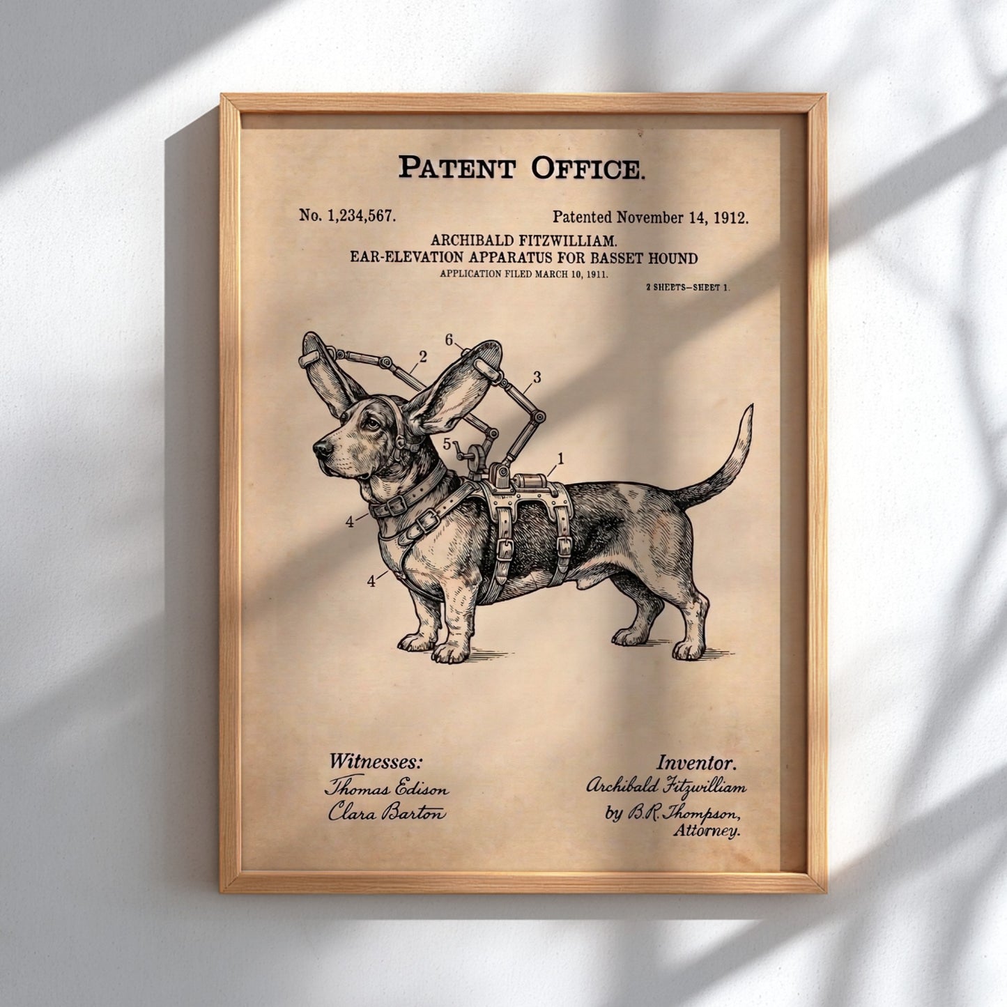 Funny animal patent poster featuring a technical drawing of a Basset Hound harness