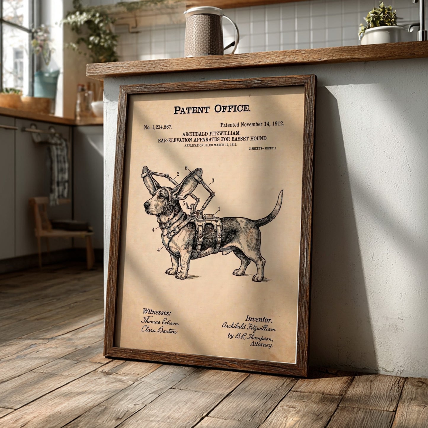 Funny animal patent poster featuring a technical drawing of a Basset Hound harness
