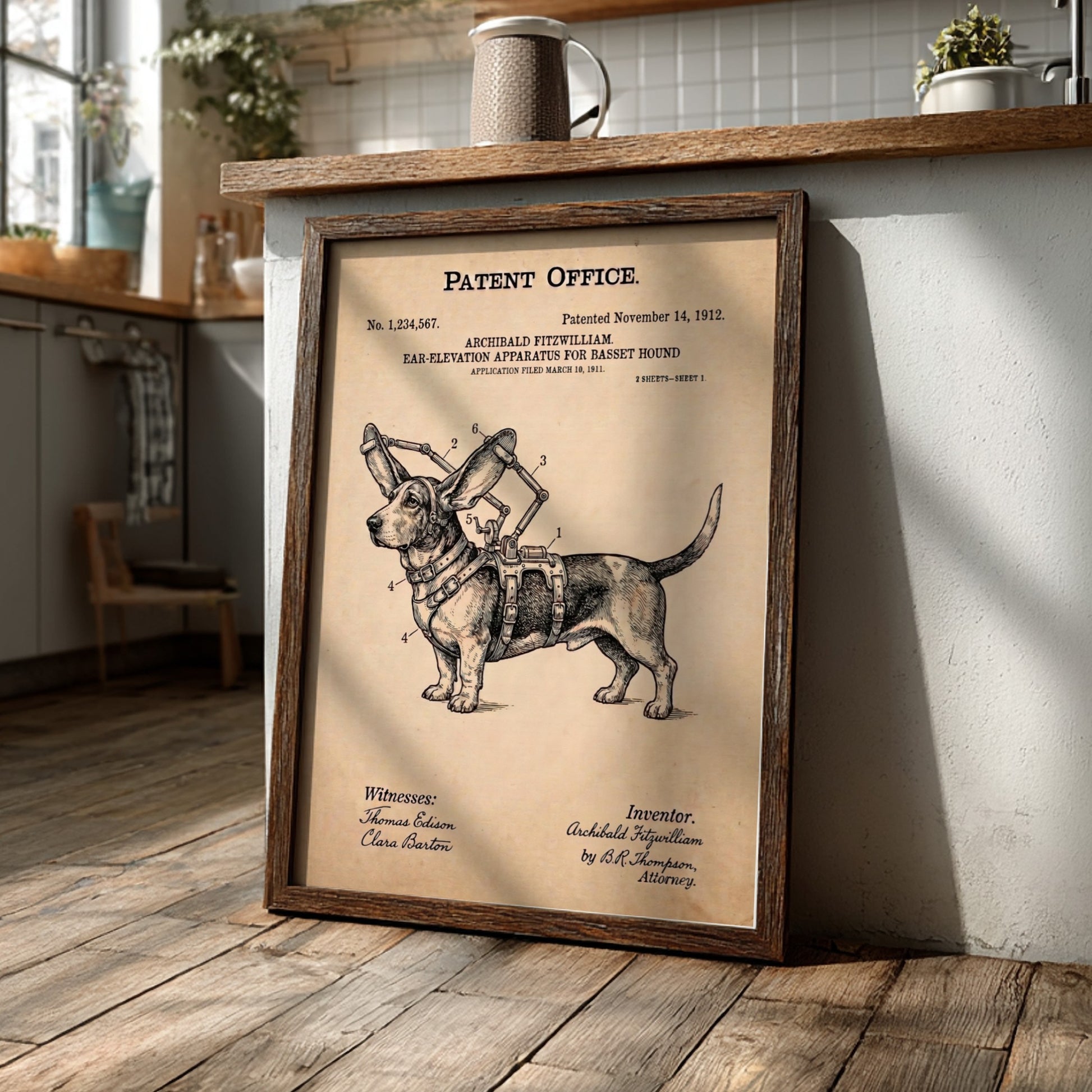 Funny animal patent poster featuring a technical drawing of a Basset Hound harness