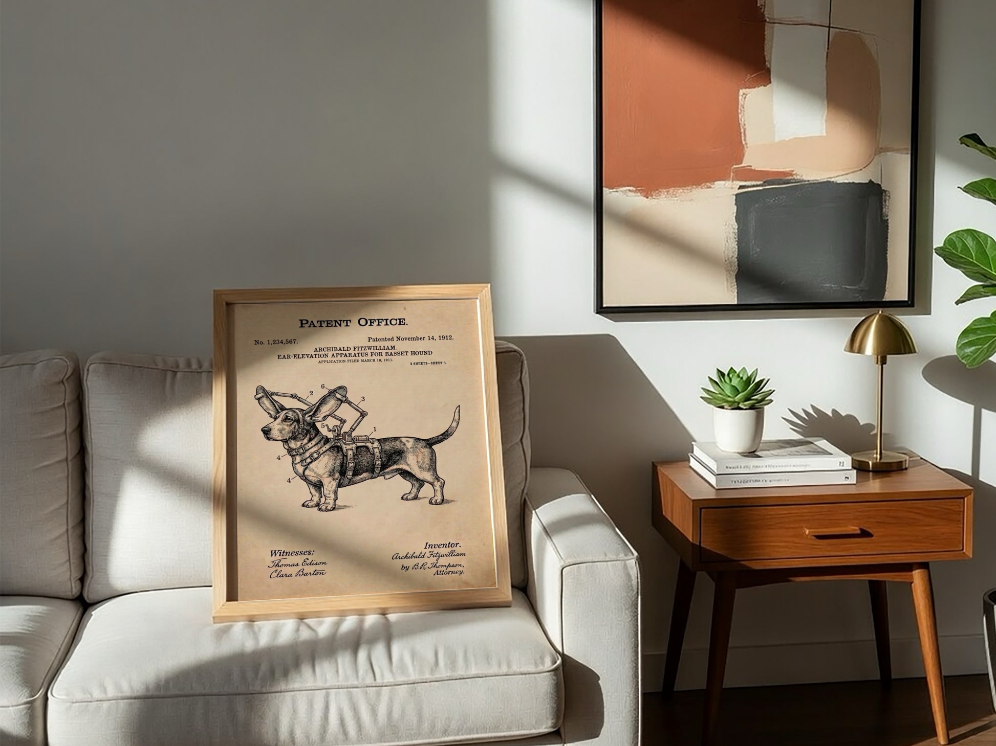 Funny animal patent poster featuring a technical drawing of a Basset Hound harness
