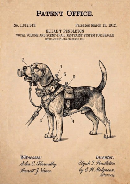 Funny patent poster of a beagle wearing a vocal volume and scent restraint system.
